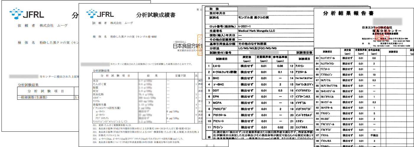 食品分析センターによる分析試験成績書